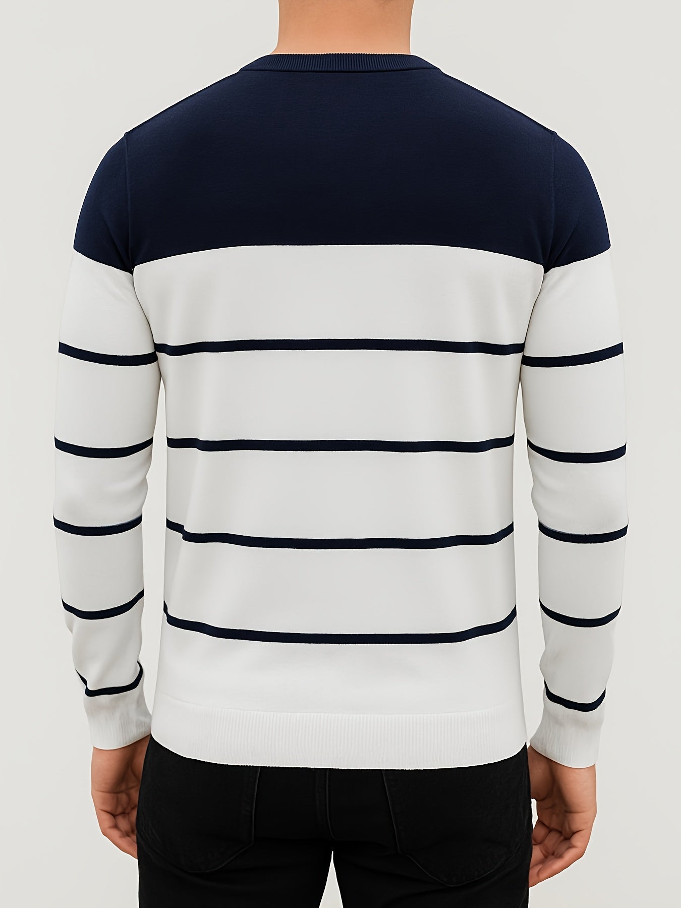 Pull Homme à Col Rond Rayé Vert Blanc Manches Longues Décontracté