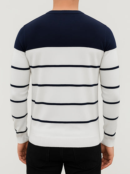 Pull Homme à Col Rond Rayé Vert Blanc Manches Longues Décontracté