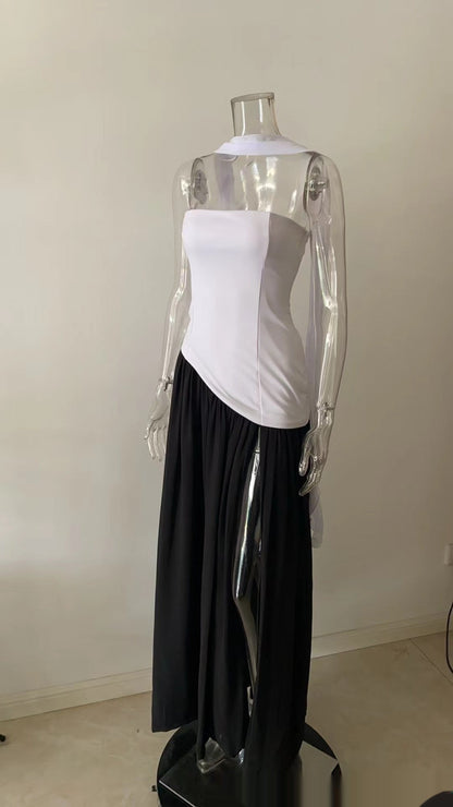 Robe de soirée élégante femme style bustier fluide fendue, idéale événements et cocktails