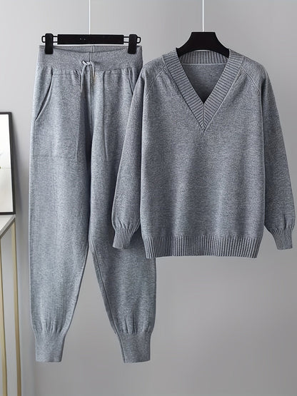 Ensemble pull col V et pantalon jogger, tricot doux, beige clair