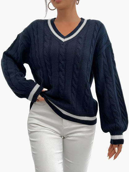 Maglione elegante a trecce con scollo a V da donna stile universitario autunno inverno