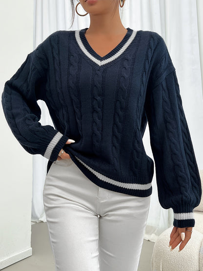 Pull col V torsadé rayé pour femme - Manches longues bouffantes