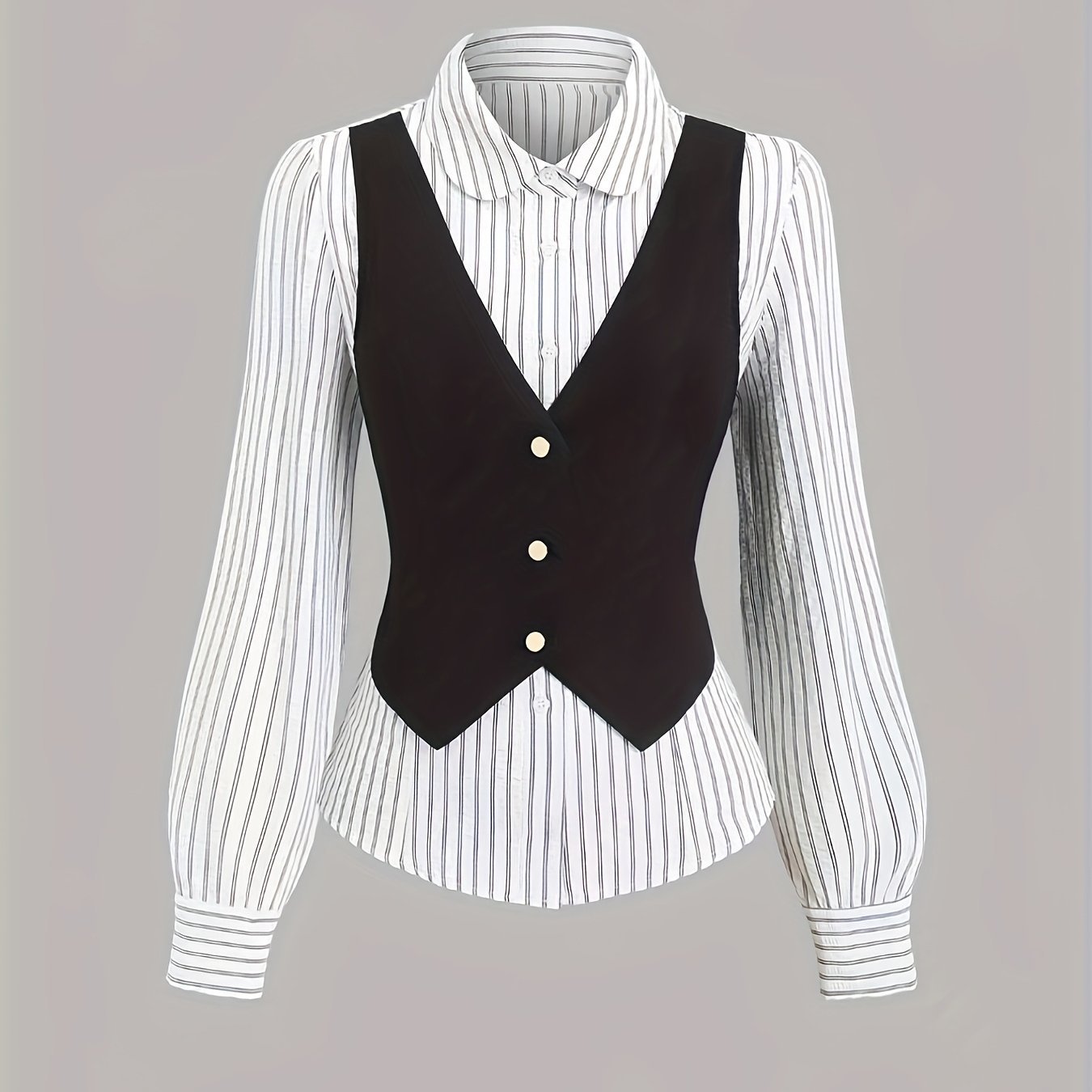Ensemble chemise rayée blanche et noire avec gilet sans manches boutonné pour femme