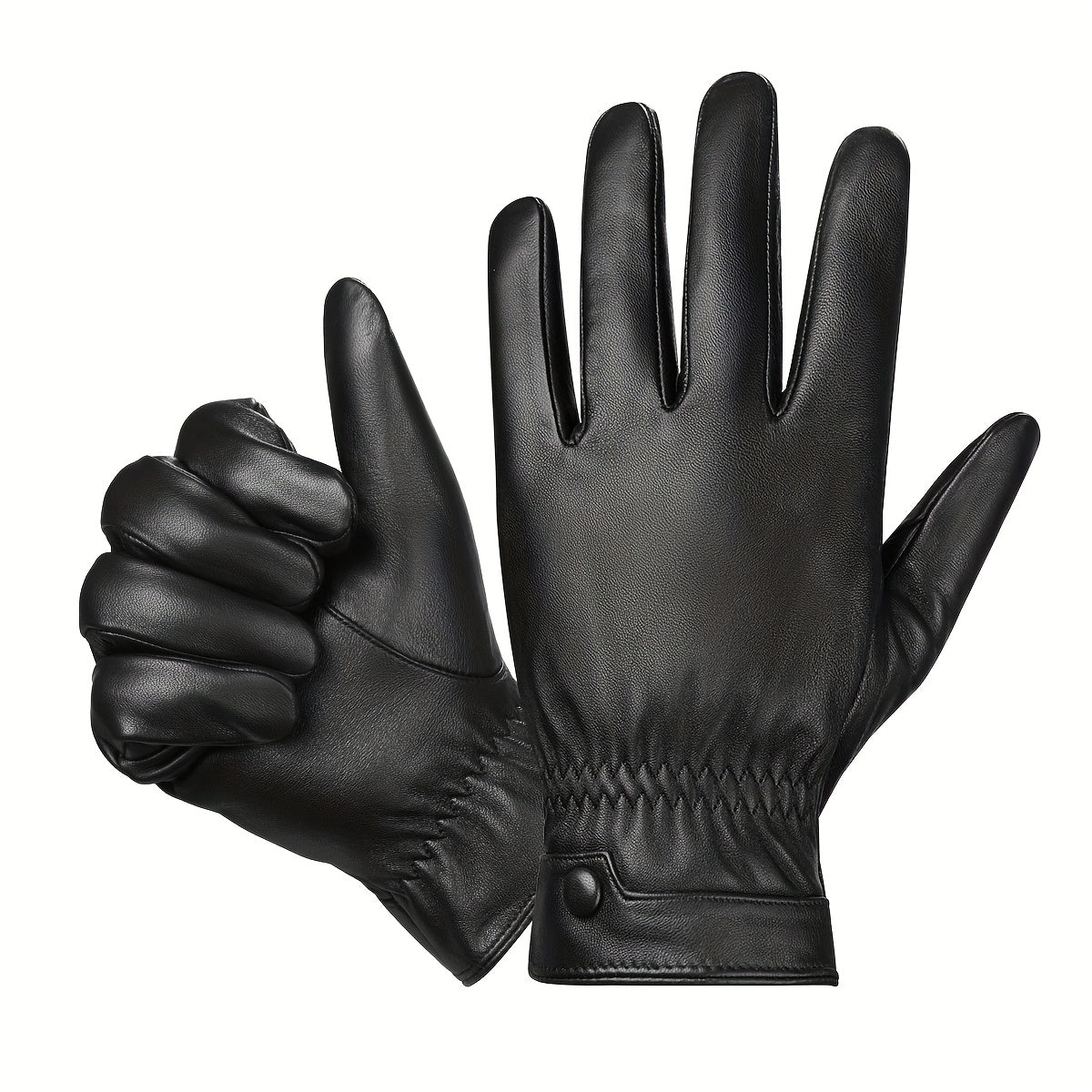 Gants noirs homme à l'aspect cuir, avec poignet élastique et bouton-pression