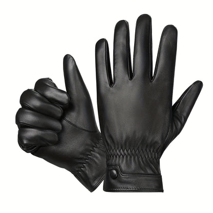 Gants noirs homme à l'aspect cuir, avec poignet élastique et bouton-pression