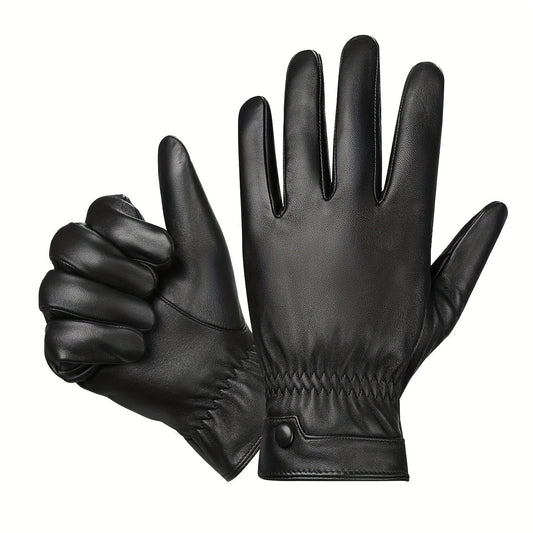 Gants noirs homme à l'aspect cuir, avec poignet élastique et bouton-pression