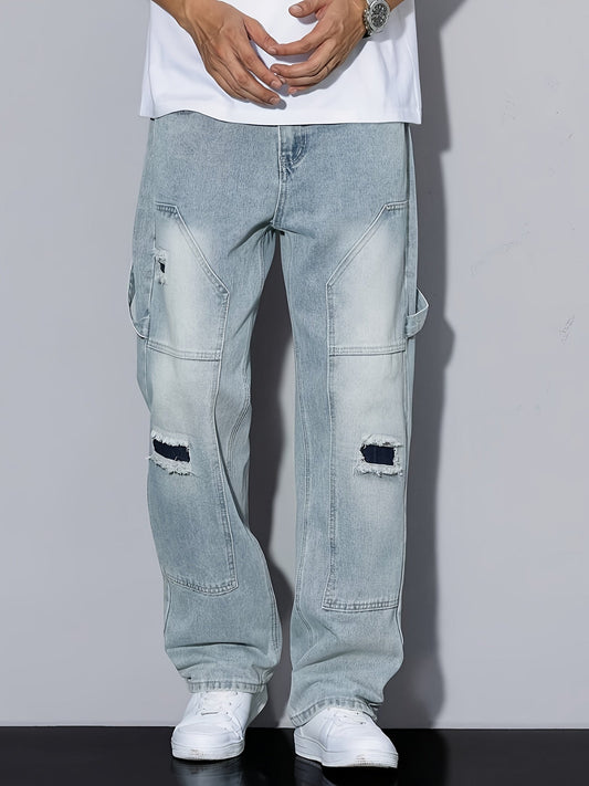 Herre afslappede cargobukser i bredt snit med slidte detaljer - Trendy urban stil
