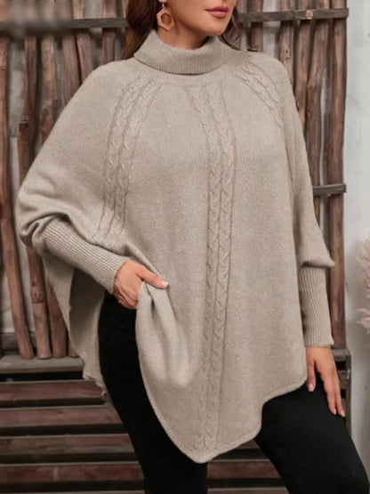 Pull poncho en tricot à col roulé et tresses avec boutons décoratifs pour femme