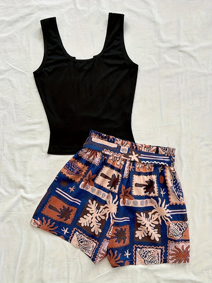 Ensemble coordonné pour femme, style tropical, top ajusté et short taille haute, idéal vacances et été