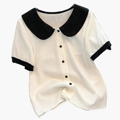 Blusa elegante para mujer con cuello Claudine estilo retro, mangas cortas, ideal para la oficina o salidas