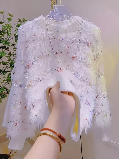 Pull femme doux à franges blanches et touches de couleur, col rond côtelé