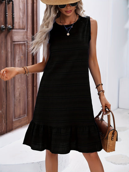 Abito casual donna stile vacanze con volant, senza maniche, collo tondo