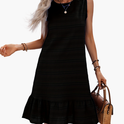 Abito casual donna stile vacanze con volant, senza maniche, collo tondo