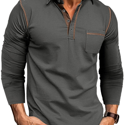 Polo Homme Manches Longues à Col Relevé avec Patte de Boutons et Poches Poitrine Décoratives