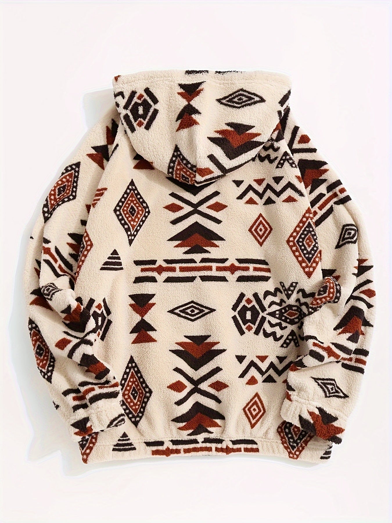 Sweat à Capuche Molletonné Motif Ethnique Beige et Marron avec Poche Kangourou