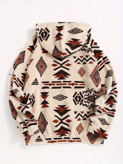 Sweat à Capuche Molletonné Motif Ethnique Beige et Marron avec Poche Kangourou