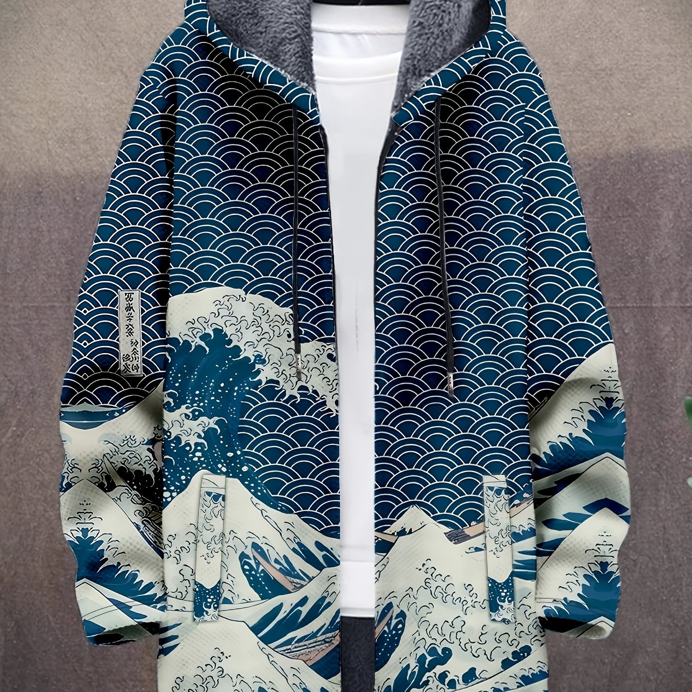 Manteau à capuche doublé en polaire imprimé fantaisie pour homme, fermeture éclair, motif vagues ou animaux