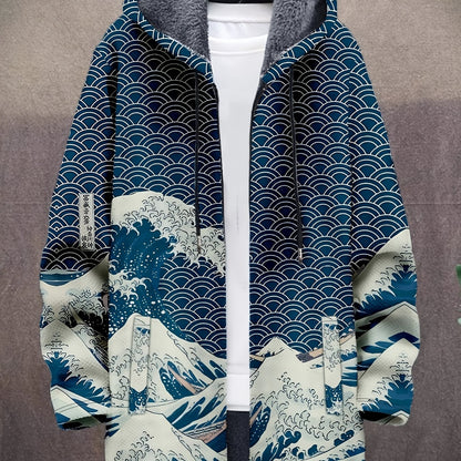 Manteau à capuche doublé en polaire imprimé fantaisie pour homme, fermeture éclair, motif vagues ou animaux