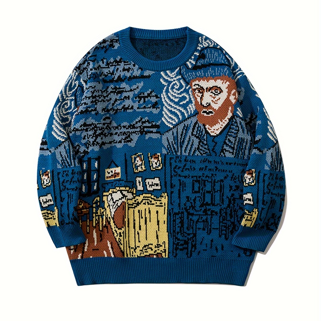 Pull en maille unisexe à motif artistique de portrait et chambre, col rond bleu