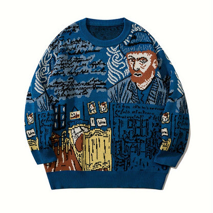 Pull en maille unisexe à motif artistique de portrait et chambre, col rond bleu