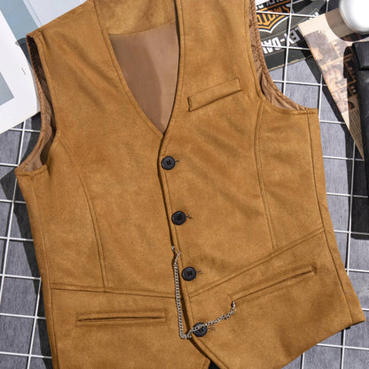 Gilet de Costume Homme Uni Col en V Décoration Chaîne Boutons