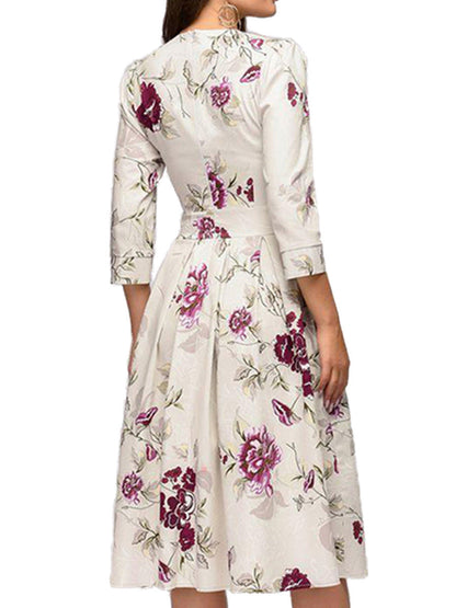 Elegant blomsterkjole til kvinder i retrostil, midi-længde til særlige lejligheder