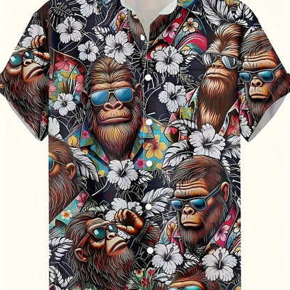 Hawaiihemd für Herren mit tropischem Gorilla-Print, lässiger Sommerstil  