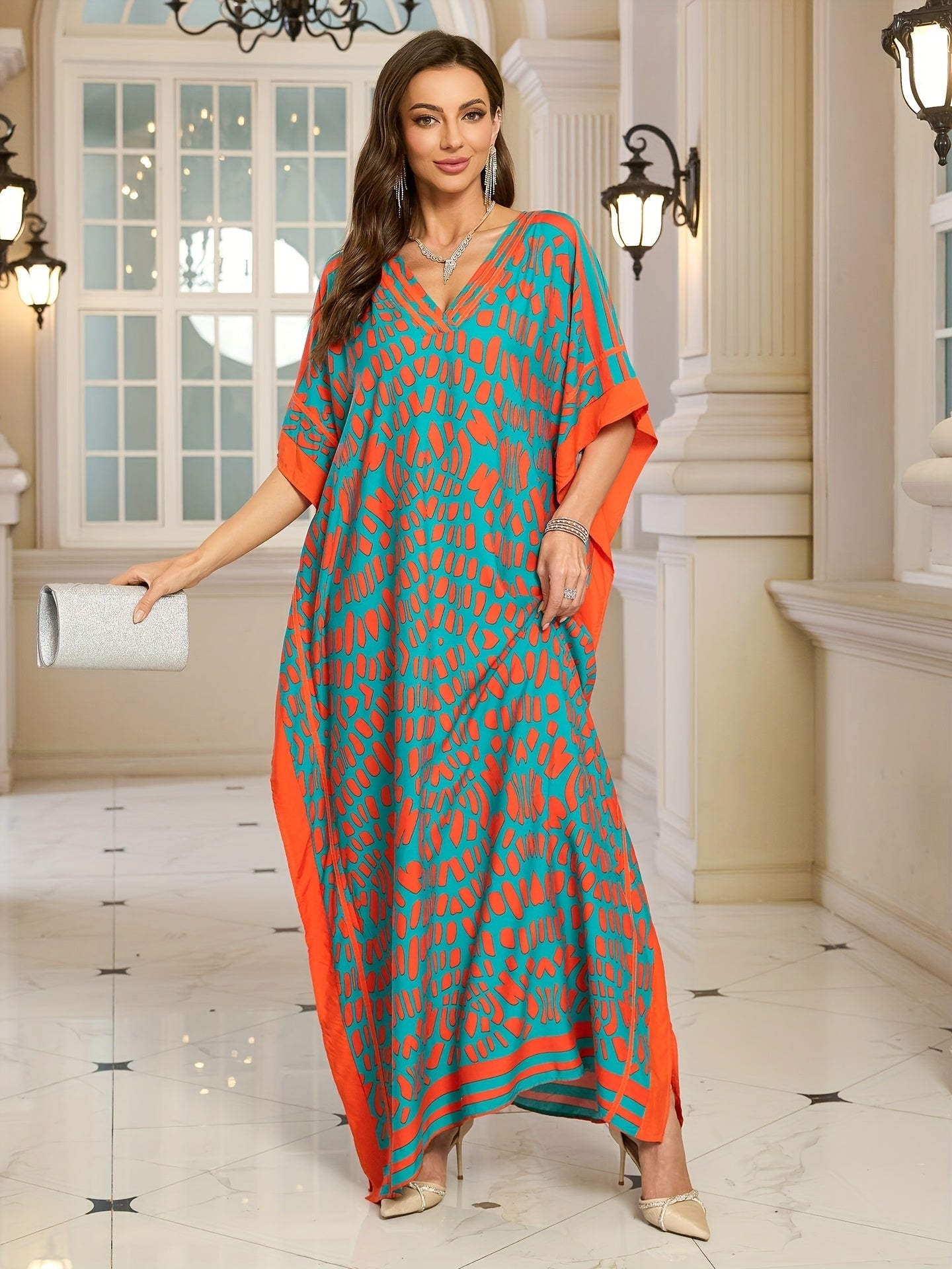 Robe longue bohème femme à imprimé graphique, col V, style décontracté chic