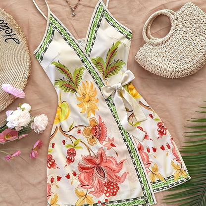 Abito portefeuille tropicale donna stile vacanze con stampa floreale e pappagallo