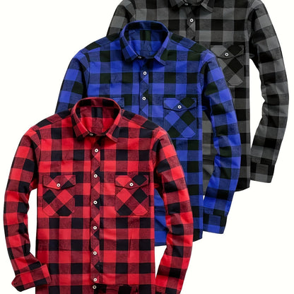 Chemise à Carreaux Homme Manches Longues à Col Classique et Poches Poitrine Couleurs Variées
