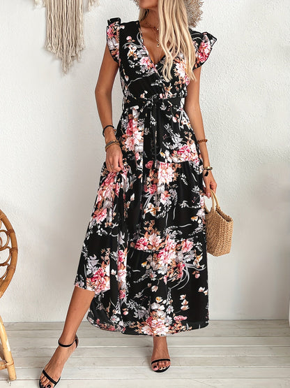 Langes Wickelkleid mit Blumenmuster im Urlaubsstil für Damen  
