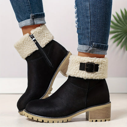 Bottines femme doublées imitation fourrure avec boucle décorative et semelle crantée à talon bloc