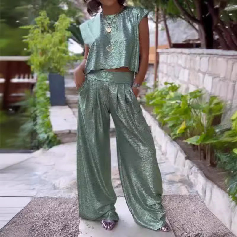 Christine – Ensemble de Pantalons à Jambe Large et Gilet Brillant