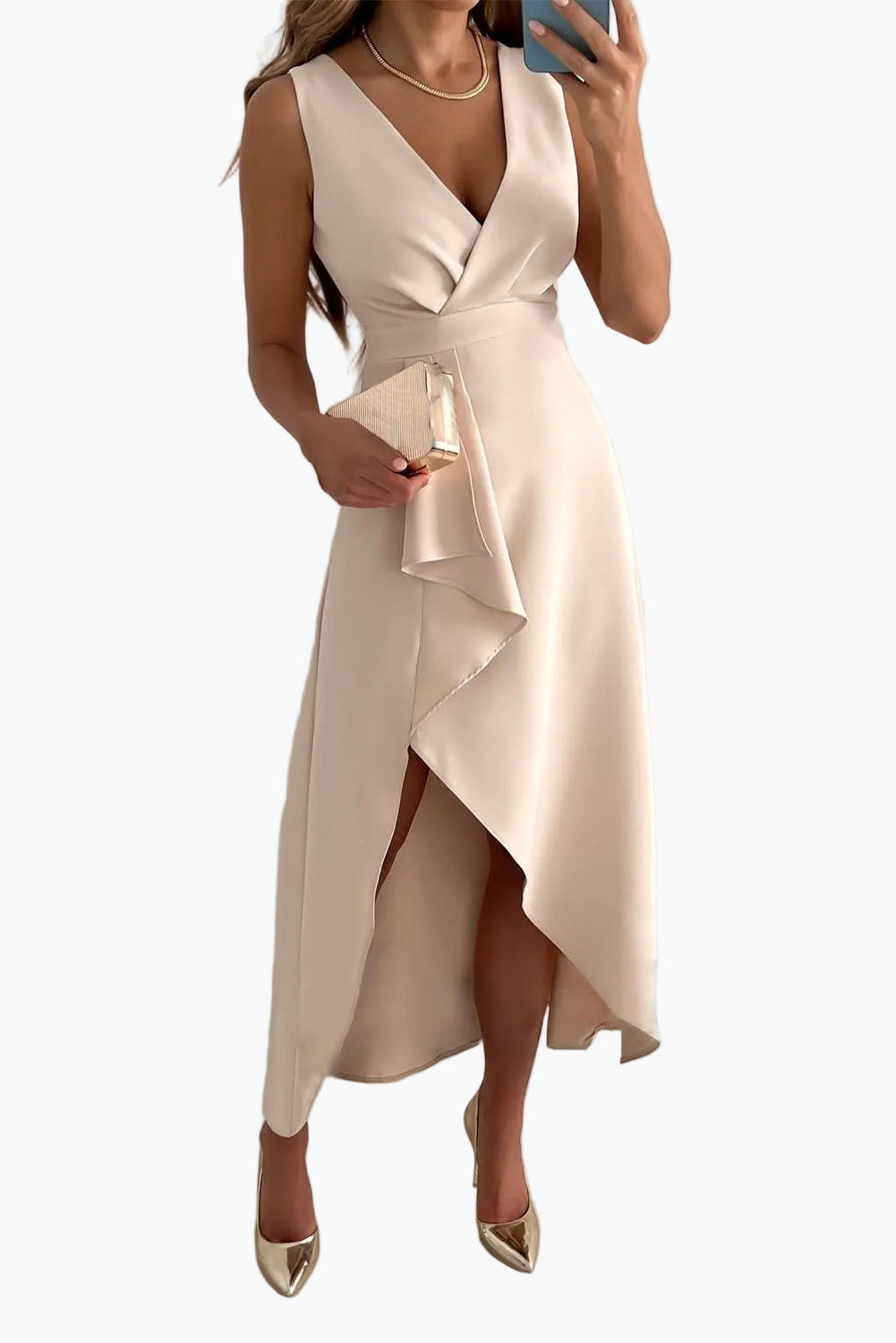 Robe Femme Élégante de Cérémonie Style Portefeuille Asymétrique Décolleté V
