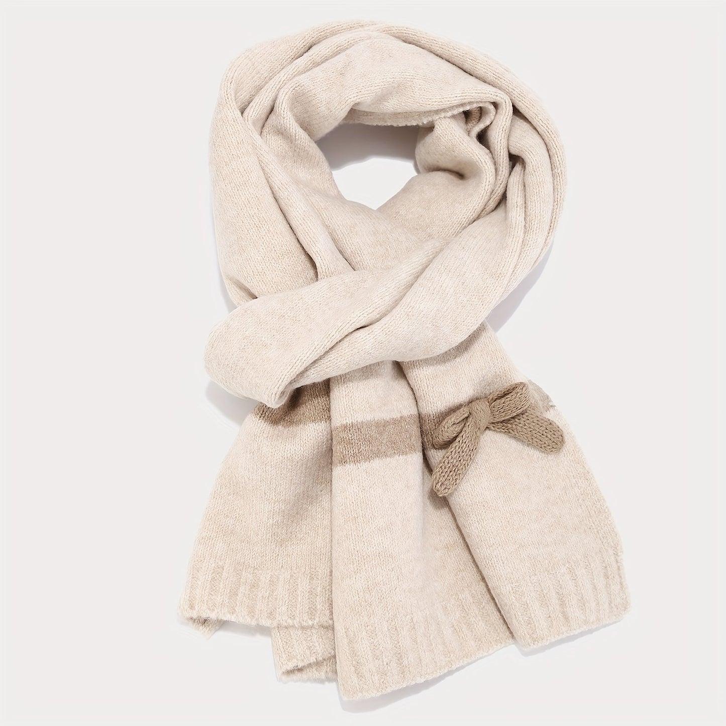 Ensemble Bonnet Écharpe Gants Tricoté Hiver avec Nœud Décoratif et Pompon pour Femme