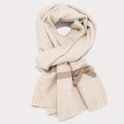 Ensemble Bonnet Écharpe Gants Tricoté Hiver avec Nœud Décoratif et Pompon pour Femme