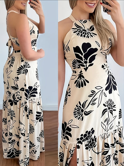 Długa elegancka sukienka w kwiatowy wzór dla kobiet, styl plażowy, odkryte plecy, rozcięcie, wiosna/lato