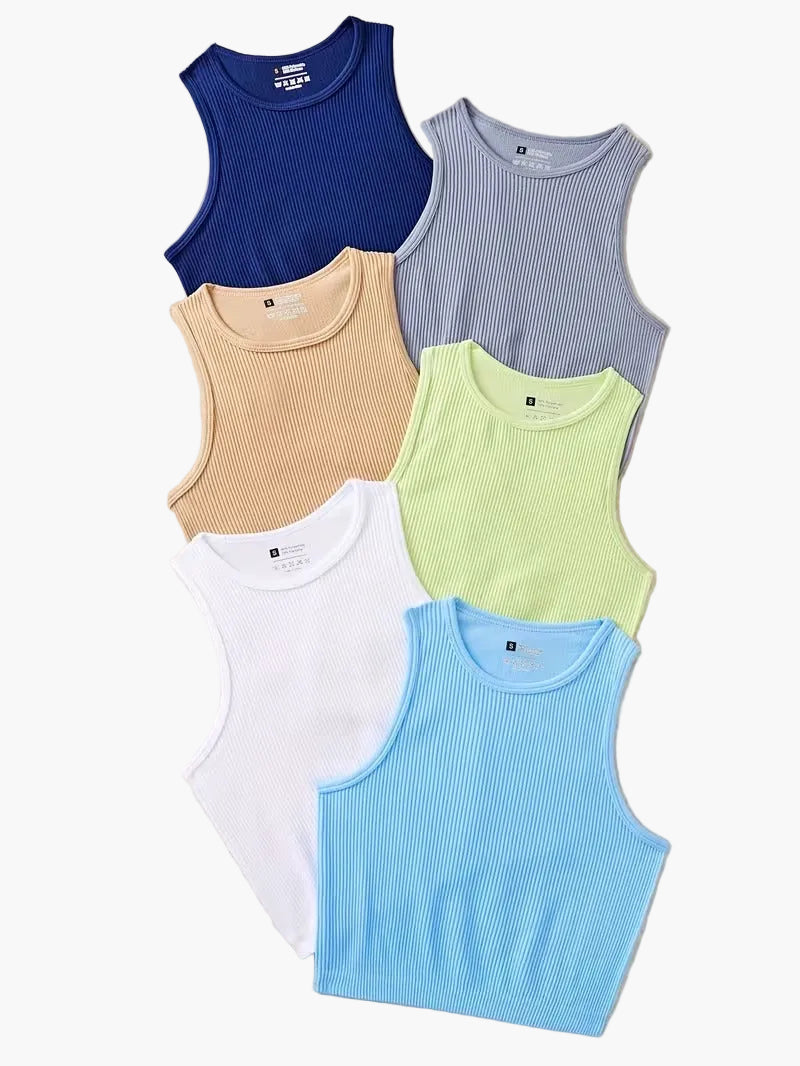 Débardeur sport femme à col rond, style côtelé, lot de 6 – Idéal pour le quotidien et les activités sportives