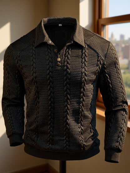 Polo homme tricoté à manches longues noir, col texturé, motif torsadé