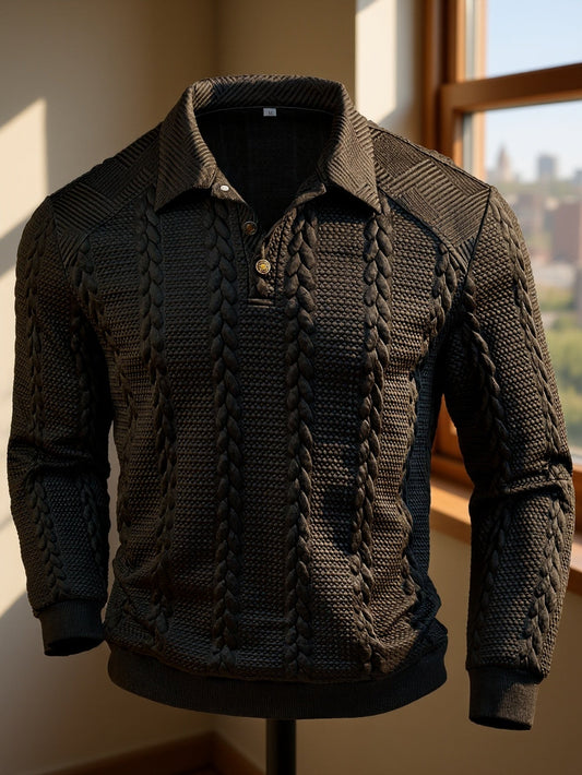 Polo homme tricoté à manches longues noir, col texturé, motif torsadé