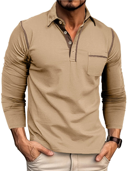 Polo Homme Manches Longues à Col Relevé avec Patte de Boutons et Poches Poitrine Décoratives