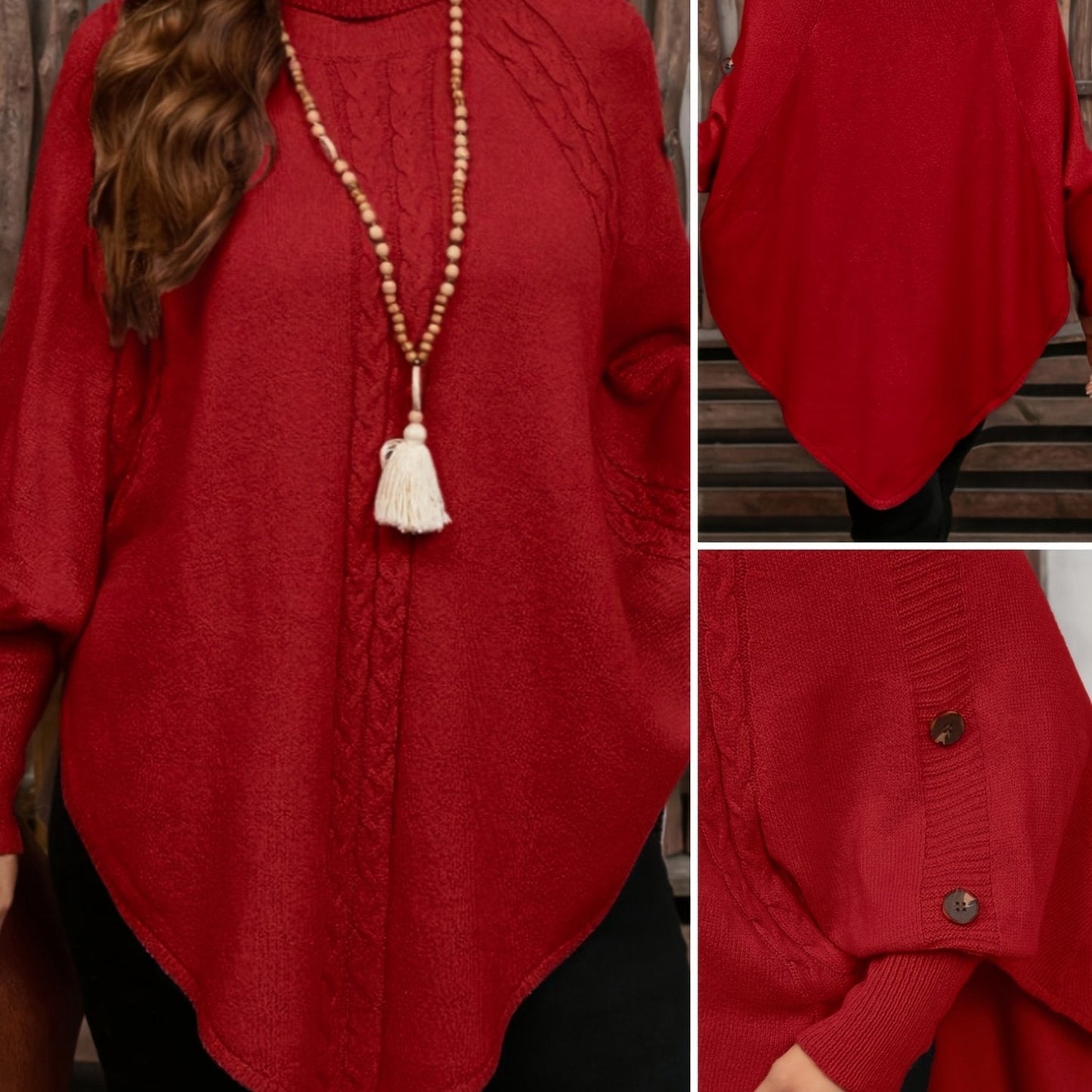 Pull poncho en tricot à col roulé et tresses avec boutons décoratifs pour femme