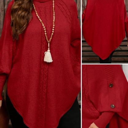 Pull poncho en tricot à col roulé et tresses avec boutons décoratifs pour femme