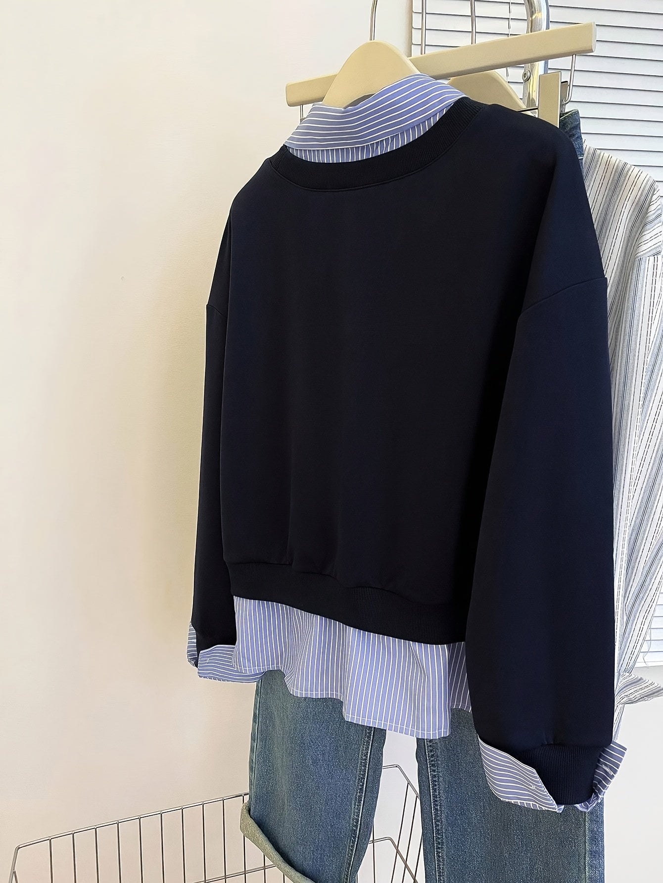 Sweat-shirt Femme à Superposition Chemise Rayée Col Classique