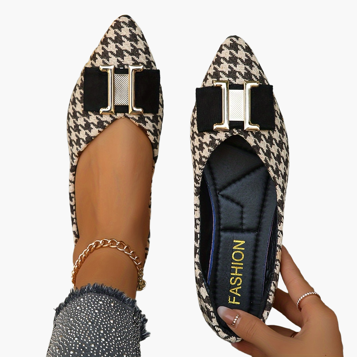 Ballerine donna con motivo pied-de-poule chic ed eleganti per tutti i giorni