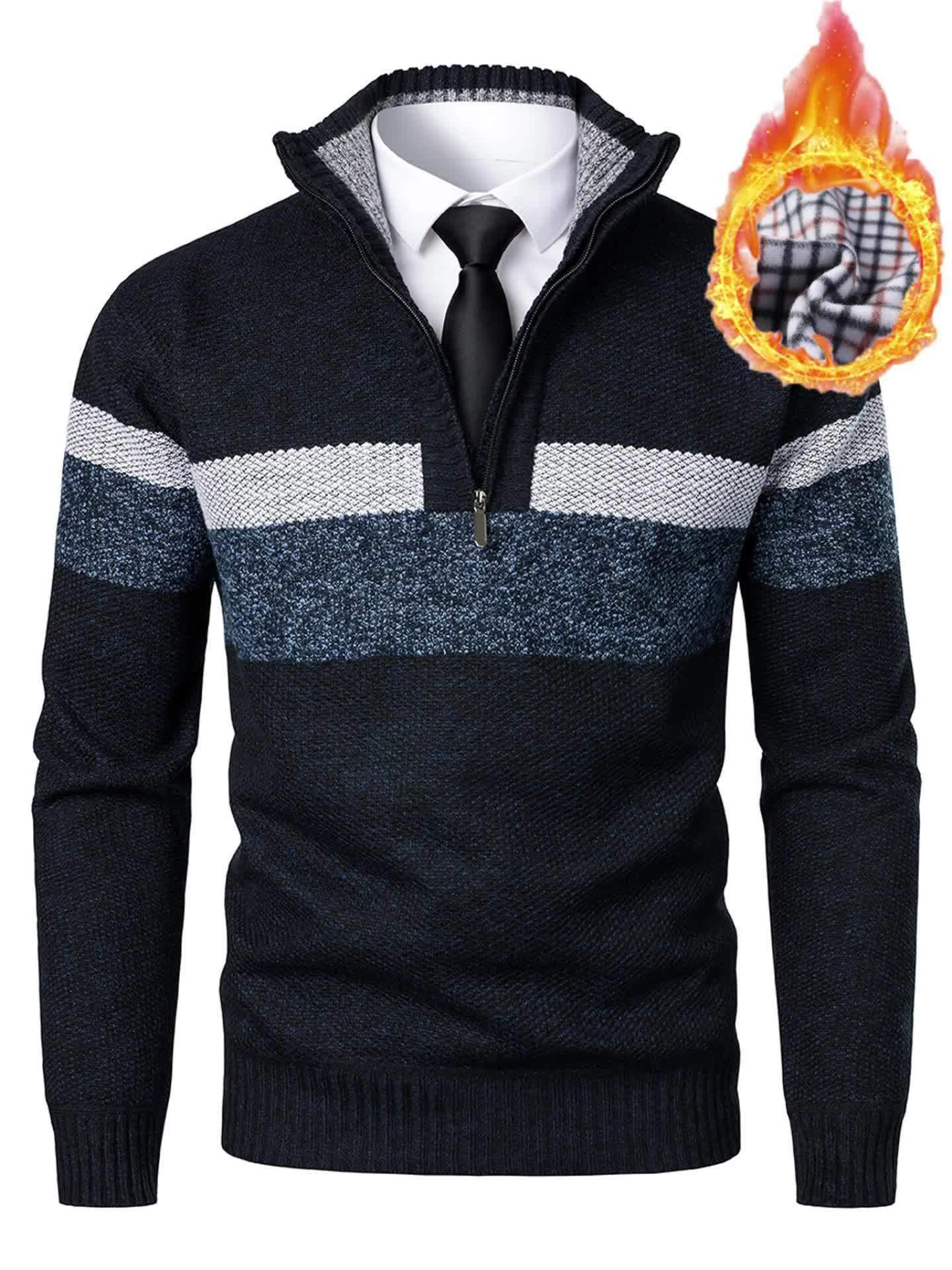 Pull homme tricoté à rayures, col montant zippé, doublure polaire beige et marron
