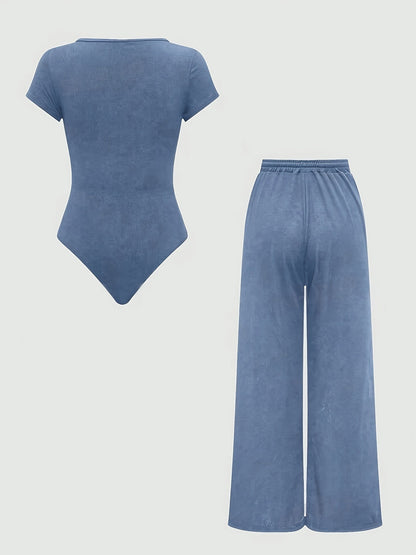 Ensemble Femme Body Col Carré et Pantalon Large Taille Haute Style Décontracté Printemps Été