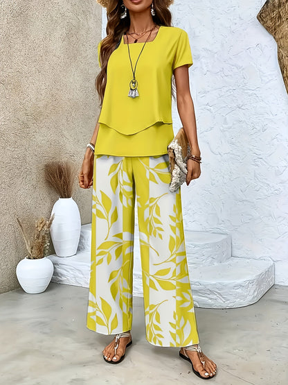 Ensemble élégant pour femme à manches courtes style décontracté chic avec pantalon large imprimé floral
