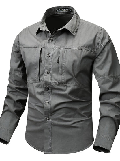 Chemise Homme Boutonnée Manches Longues à Poches Zippées Style Cargo Militaire