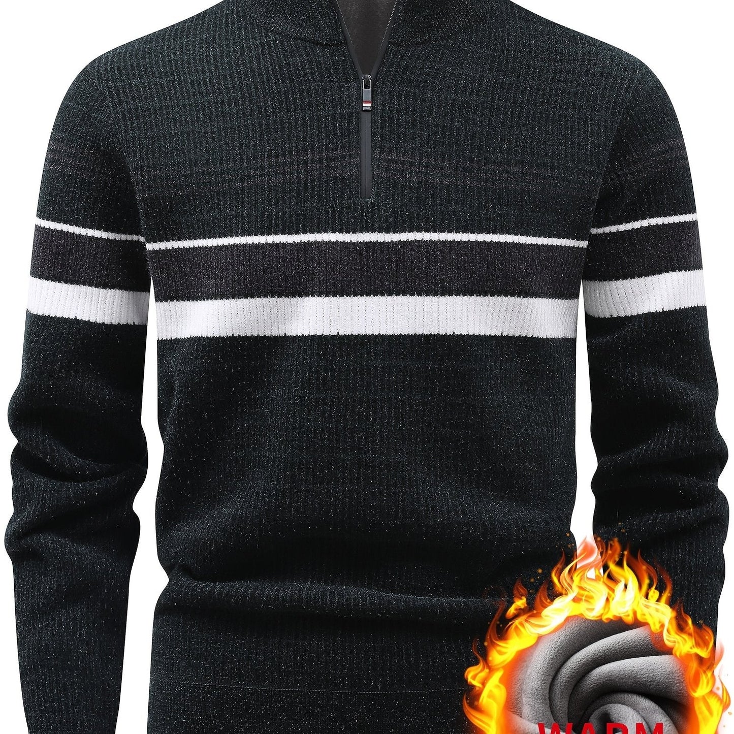 Pull Homme Col Montant Zippé Rayures Horizontales Beige Chaud